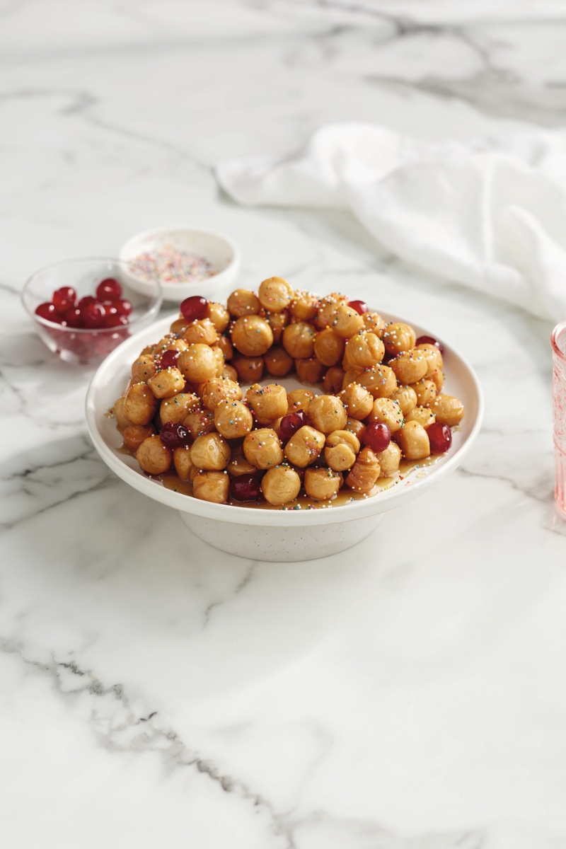A Taste of the Holidays: Gourmet Recipes from Culinary Stars, Cookbook Authors & Celebrity Chefs - Struffoli Fried Dough Balls Glazed in Honey by Chefs Eva Santaguida & Harper Alexander