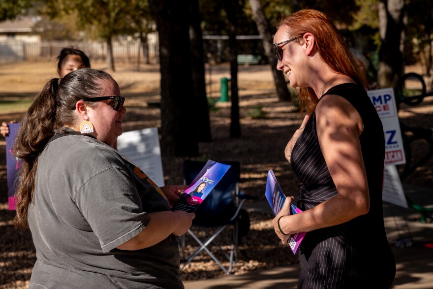 Two women are shown talking outside a polling station.