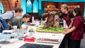 Hosts James and Oliver Phelps with Contestants Riccardo Meniccuci and Hemu Basu, as seen on Harry Potter: Wizards of Baking, Season 1.