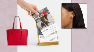 Left to Right: a bright red Coach Outlet tote bag, an Artifact Uprising desk photo calendar on a brass easel, a close up shot of a model wearing Blue Nile Sterling silver knot earrings.