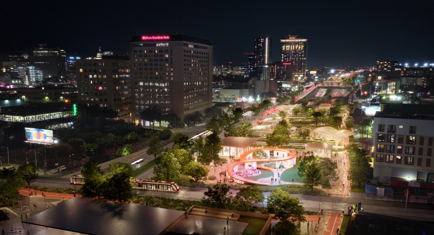 A rendering of a deck installed over Interstate 35 between Fourth and Seventh Streets. This highway park is estimated to cost $166 million to build and outfit with live music venues and other amenities. 