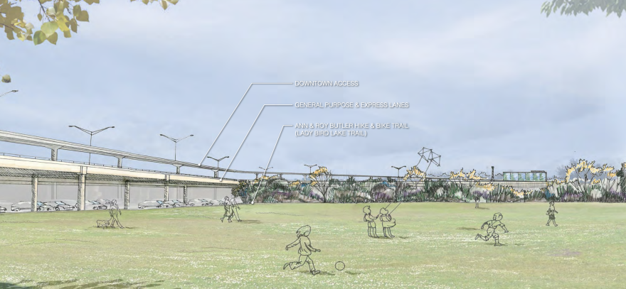 Conceptual illustration of elevated lanes from Zilker Park showing children playing and open green space beneath the structure