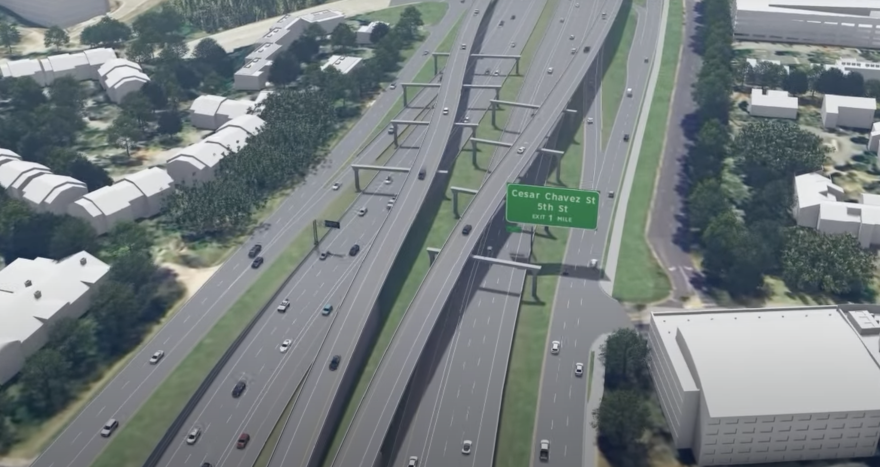 Rendering of proposed elevated lanes on MoPac South near the Cesar Chavez Street and 5th Street exit.