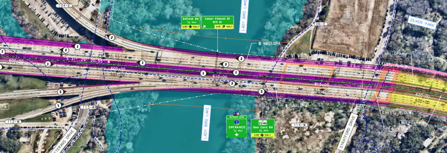 An engineering schematic of MoPac South at Lady Bird Lake, showing where new lanes would be added and how the bridge would be widened. 