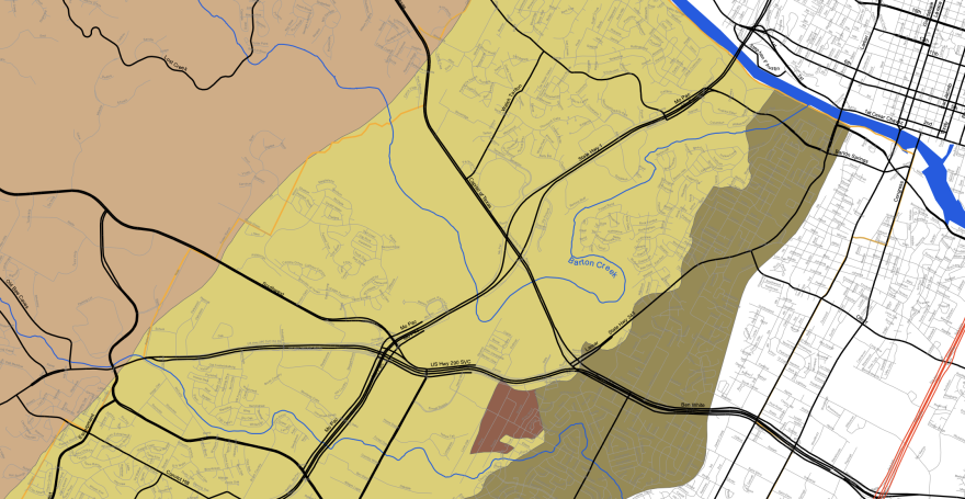 Map showing the MoPac's route through the Barton Springs Edwards Aquifer recharge zone.