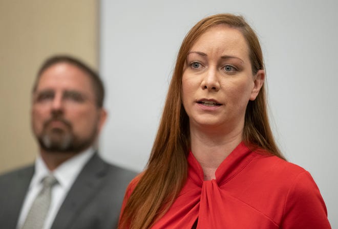 Austin City Council Member Mackenzie Kelly, shown at a 2021 news conference, lost her District 6 seat in Tuesday's election to a more liberal candidate, Krista Laine.