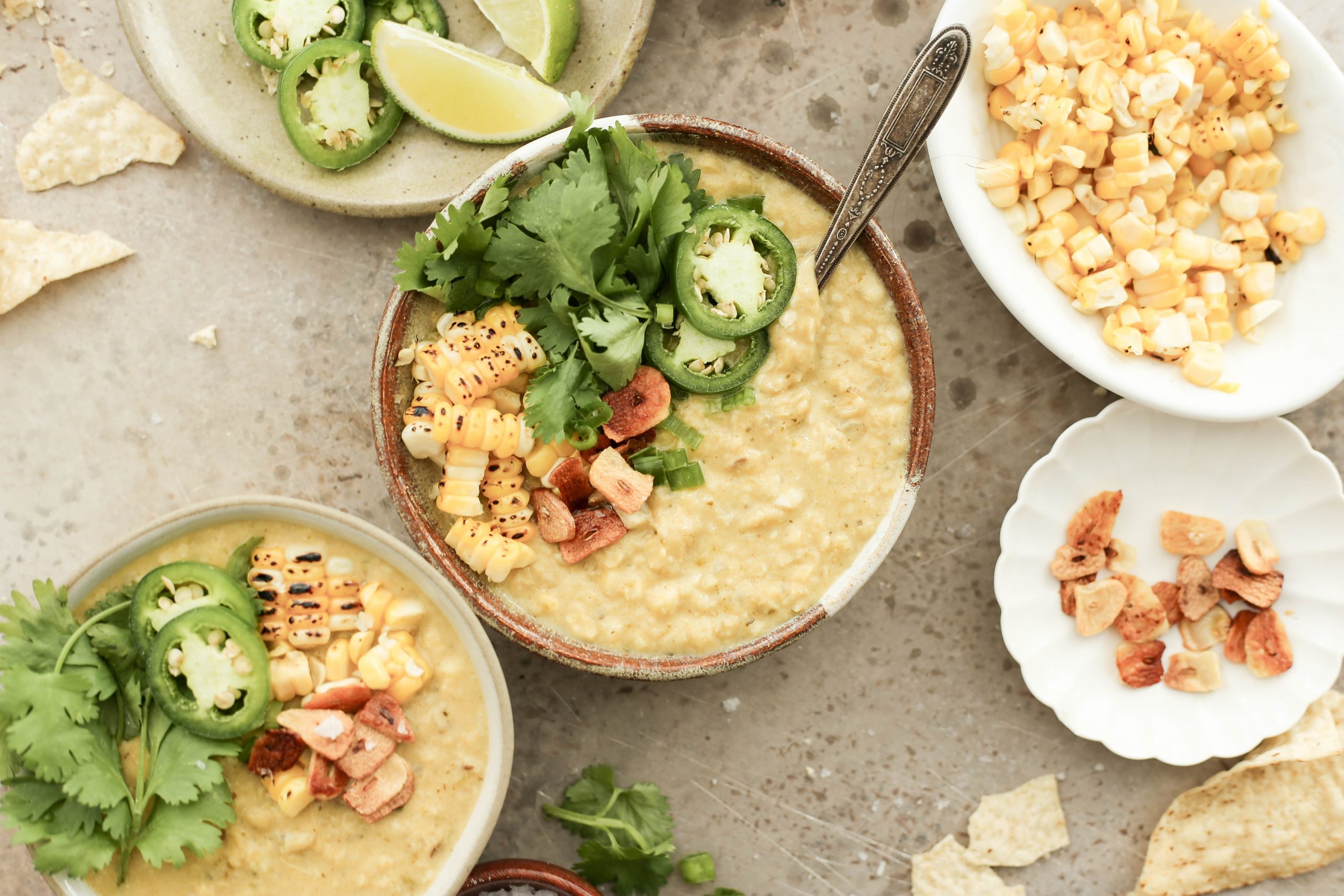 one pot spicy and vegan corn soup with poblano peppers and coconut milk