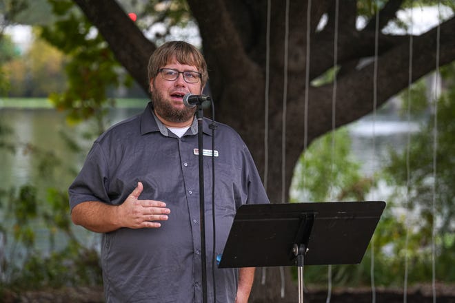 Pastor Mark Hilbelink, execitive director of the Sunrise Homeless Navigation Center, speaks at a memorial service at Auditorium Shores on Sunday, Nov. 17, 2024 in Austin. Advocates and members of the homeless community gathered to honor the more than 200 homeless people that died between September of 2023 and November of 2024.