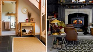 Hallway with rug and brown cosy living room to show how rugs can keep a house warm in winter