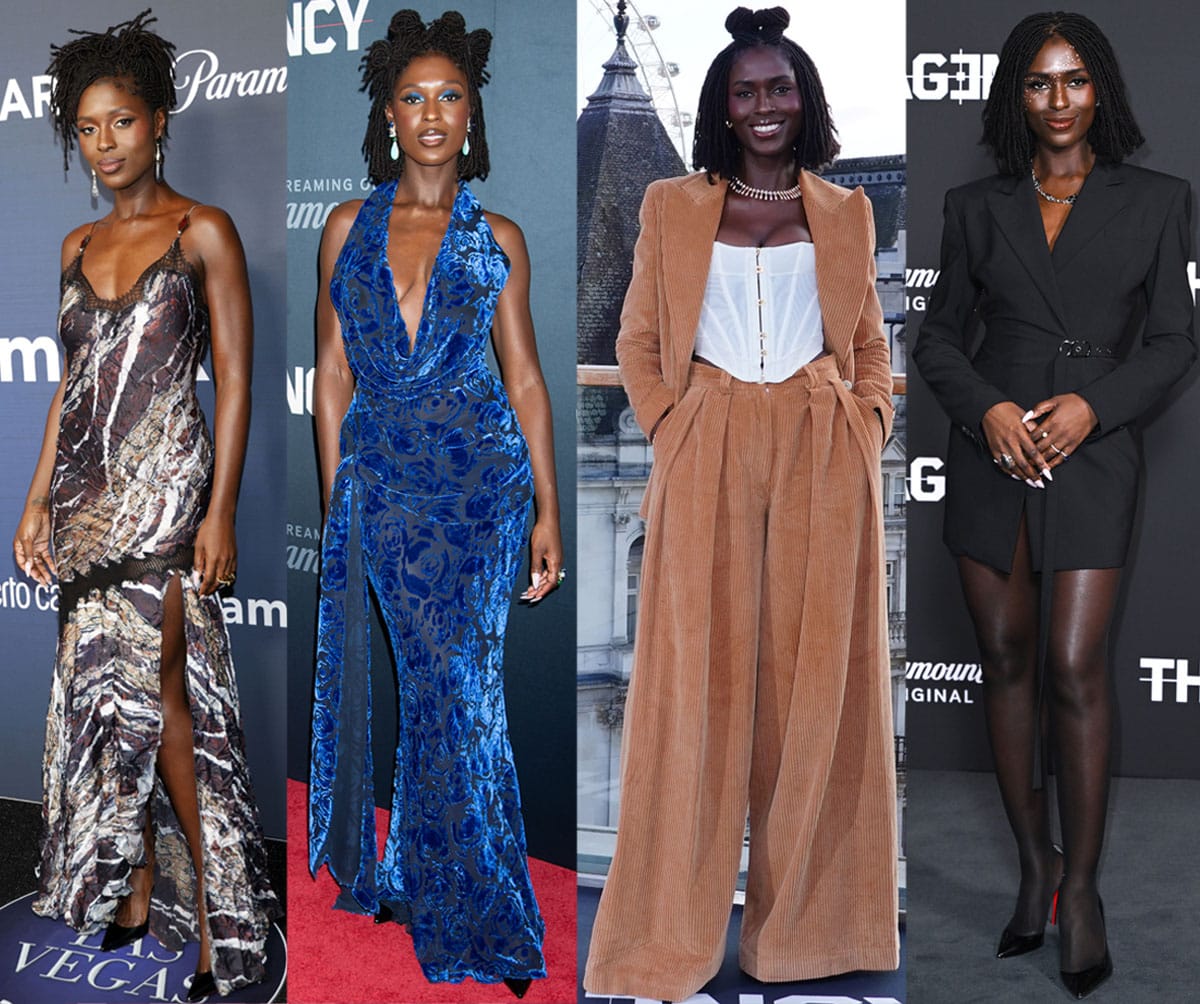 Jodie Turner-Smith's glamorous ensembles for The Agency press tour: Roberto Cavalli slip dress, Burberry plunging gown, S.S. Daley suit, and Nensi Dojaka blazer dress