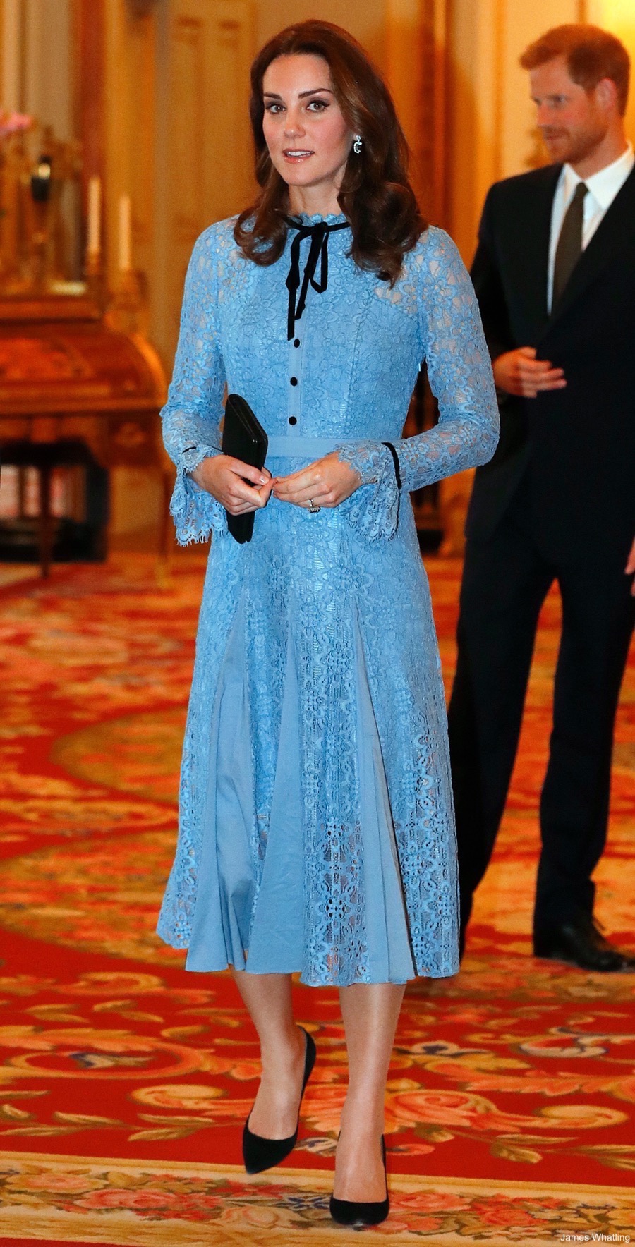 Kate Middleton at the mental health reception at Buckingham Palace wearing a blue lace dress by Temperley London. 