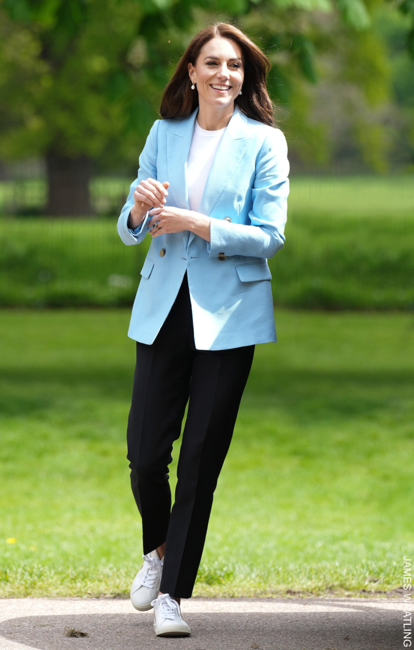 Kate Middleton wears her cigarette trousers with a coloured blazer and white sneakers