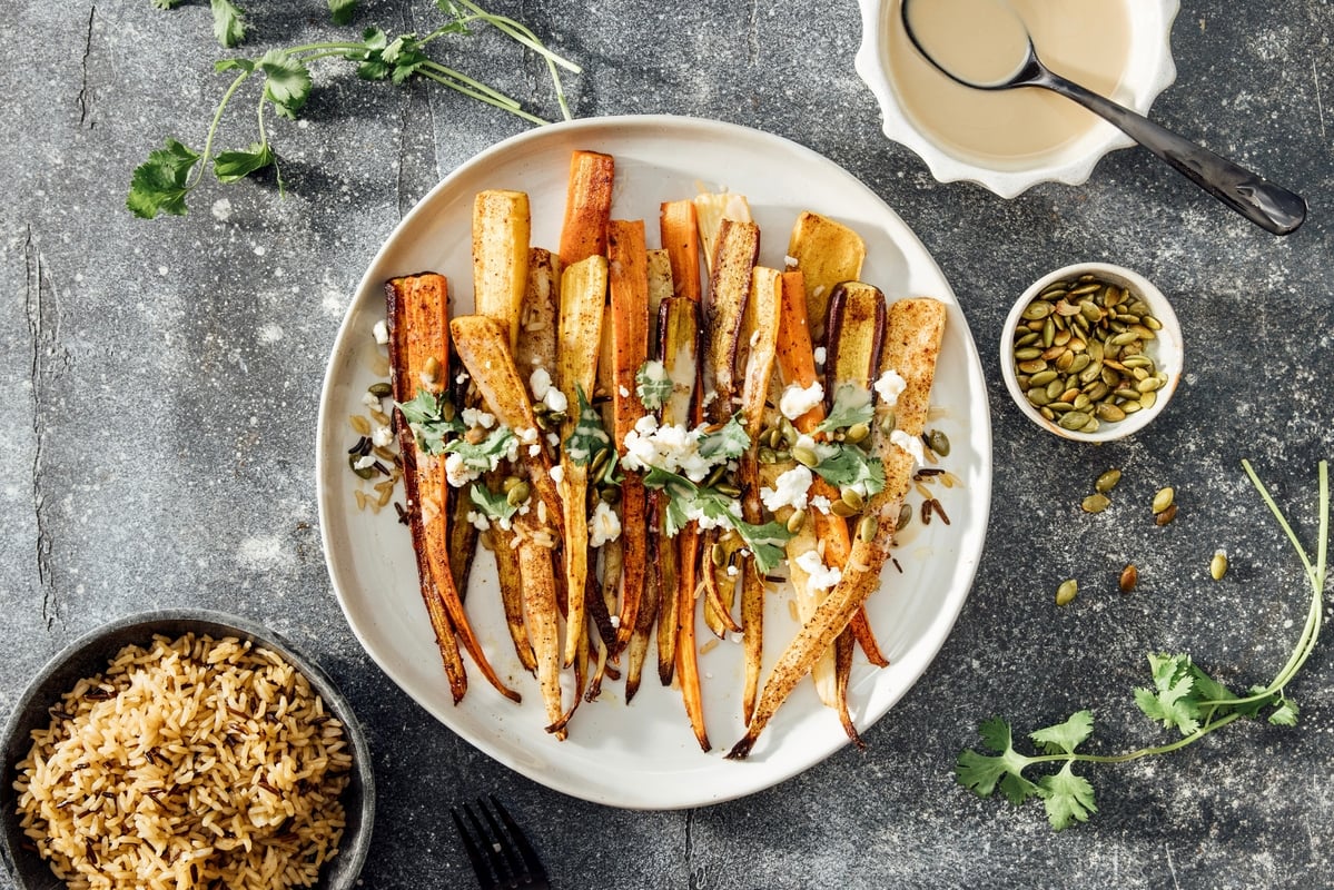 roasted heirloom carrots with wild rice and goat cheese