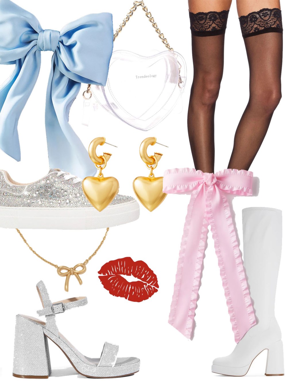 collage of cute accessory ideas including pastel hair bows and platform shoes and gold jewelry to wear with Sabrina Carpenter outfits for the Short n Sweet tour