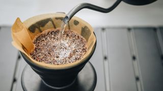 Kettle water being poured over ground coffee