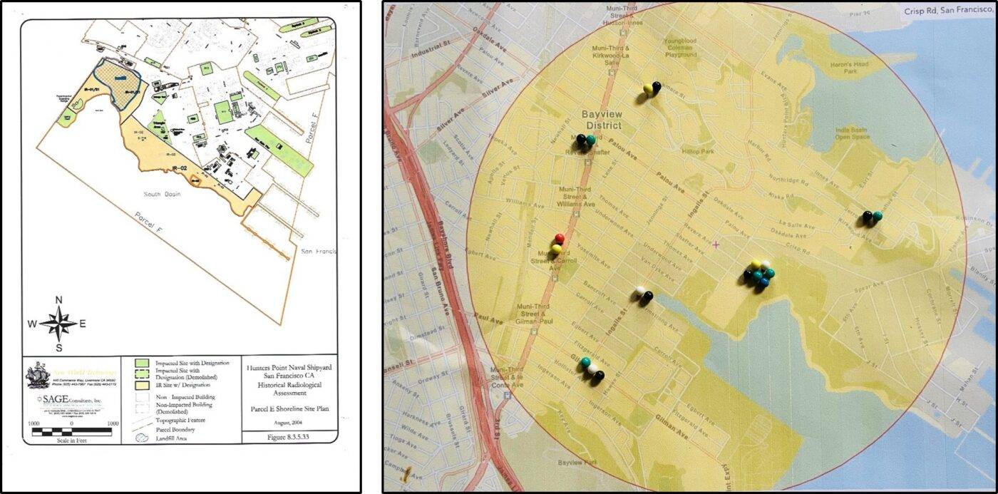 compare-mappings-of-parcel-e-shoreline-western-panhandle-from-hra-hp-biomonitoring-pin-map-1400x693, The bomb in our bodies: The Nuclear Cluster at Hunters Point , Local News & Views 