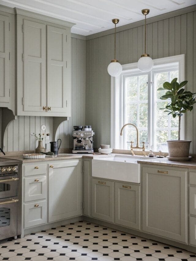 A tone-on-tone effect in a sage green kitchen with sage green shiplap walls