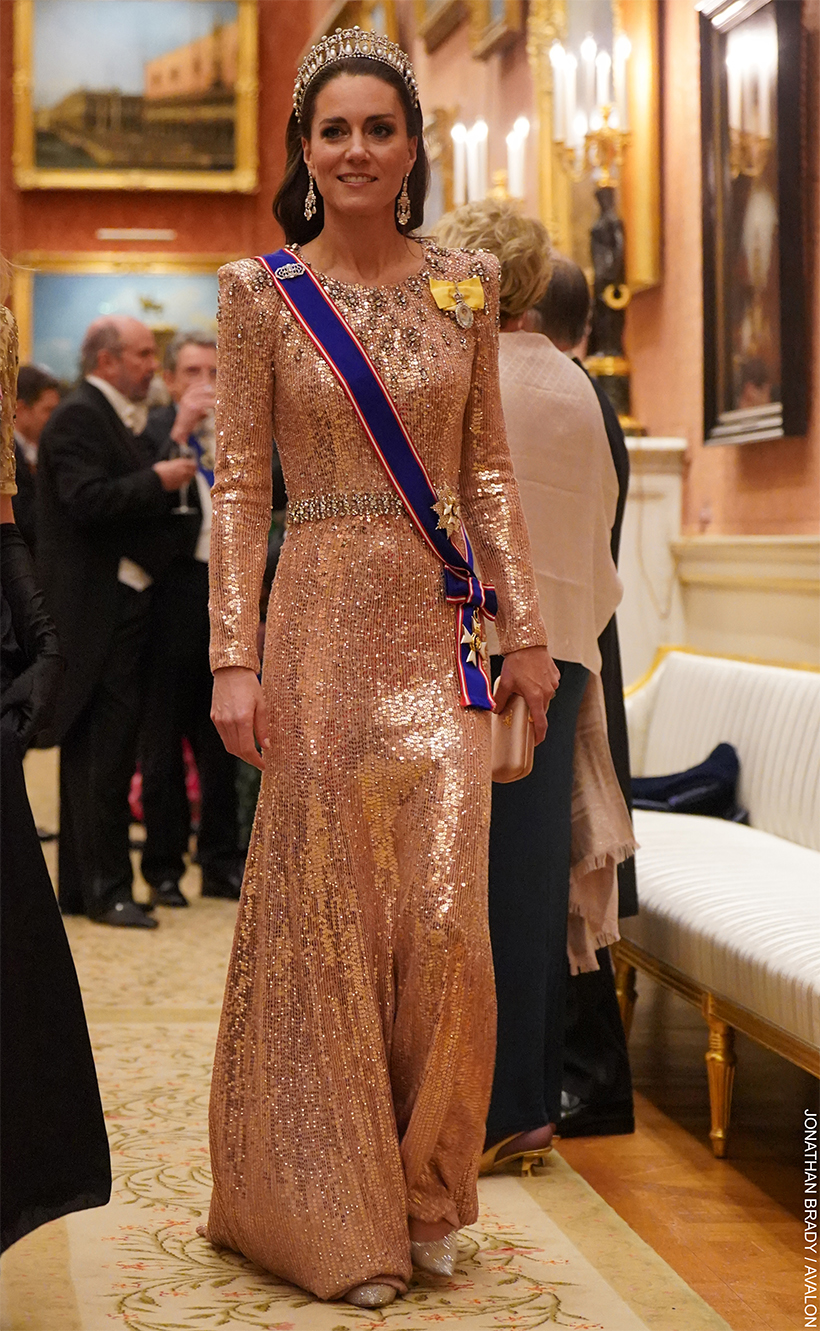 The Princess of Wales in a pink embellished gown, tiara and jewels