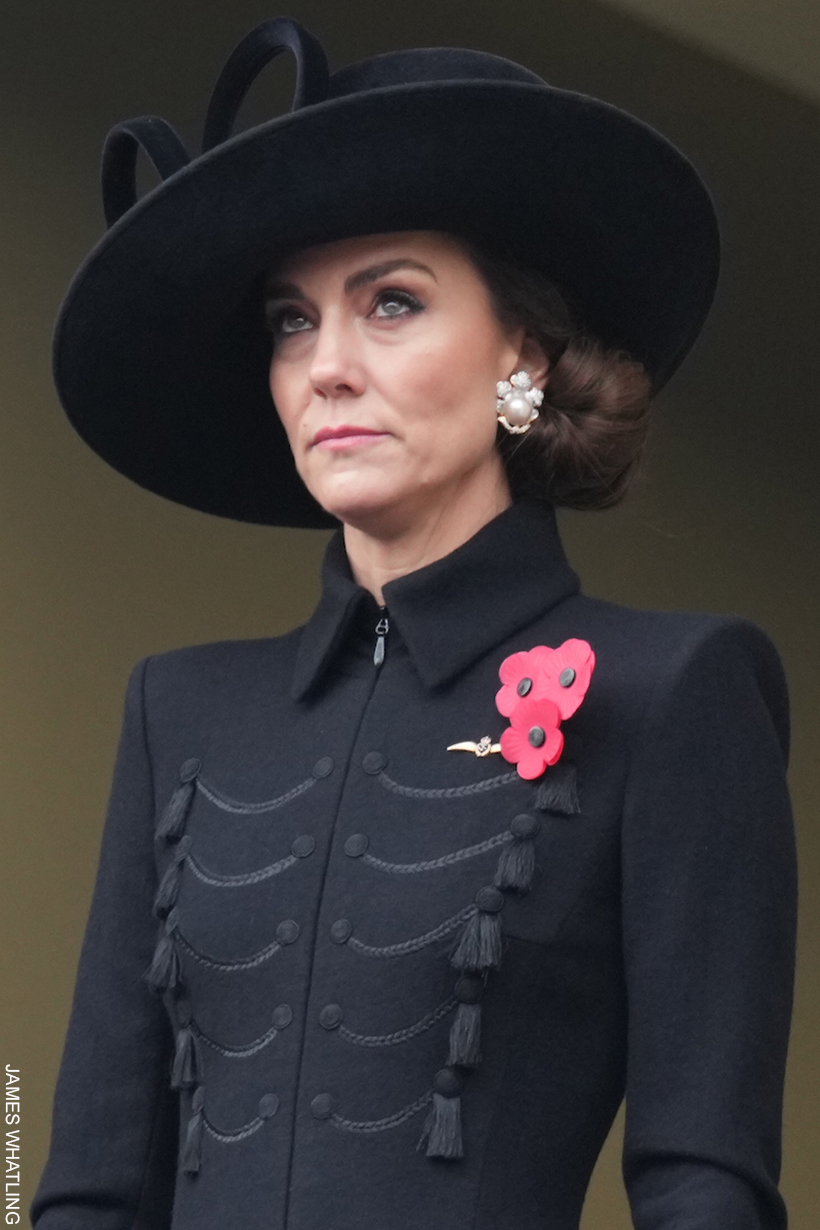 The Princess of Wales on Remembrance Sunday wearing a black military-inspired coat with braiding and tassels. 