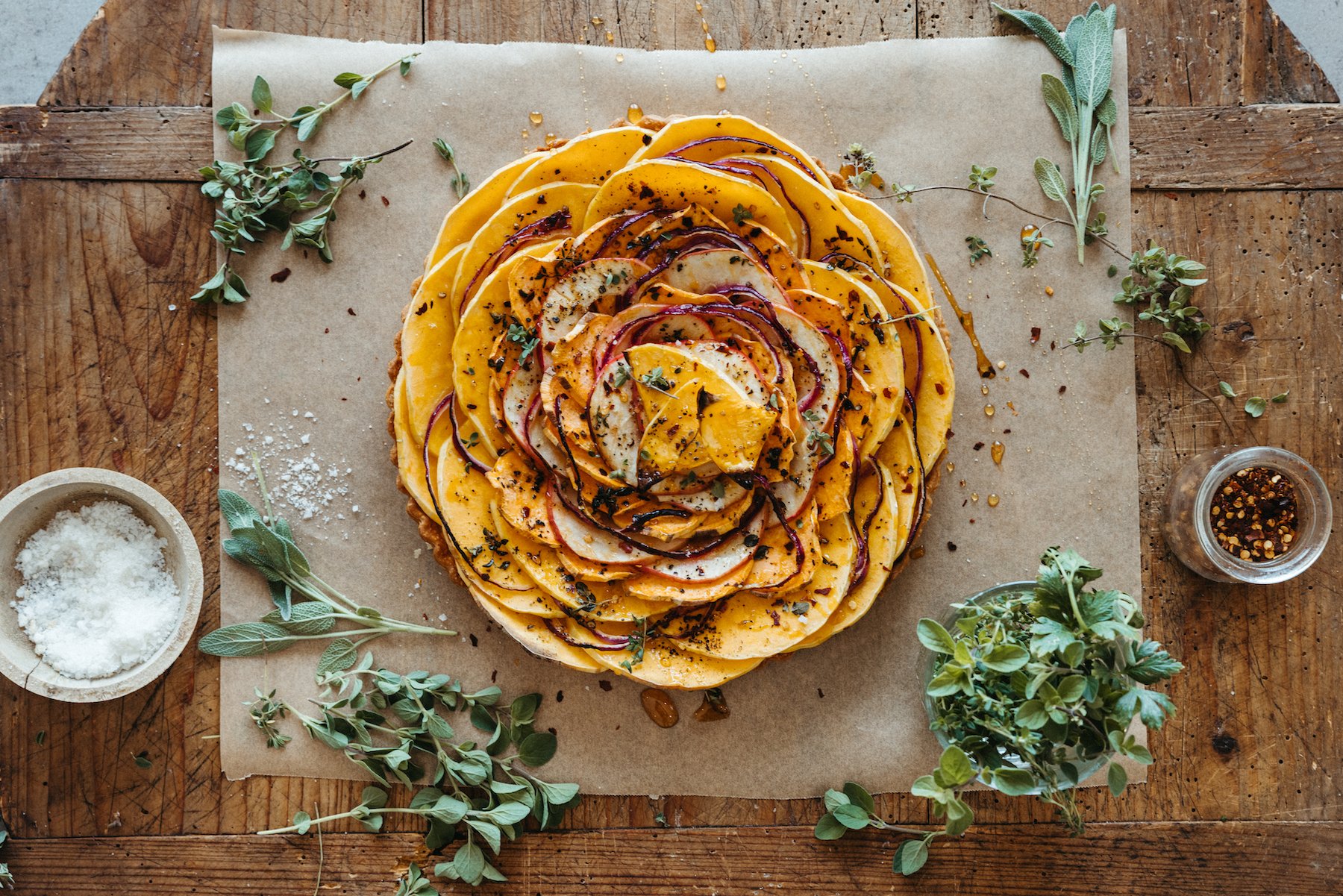 butternut squash and apple tart with ricotta, vegetarian thankskgiving main course