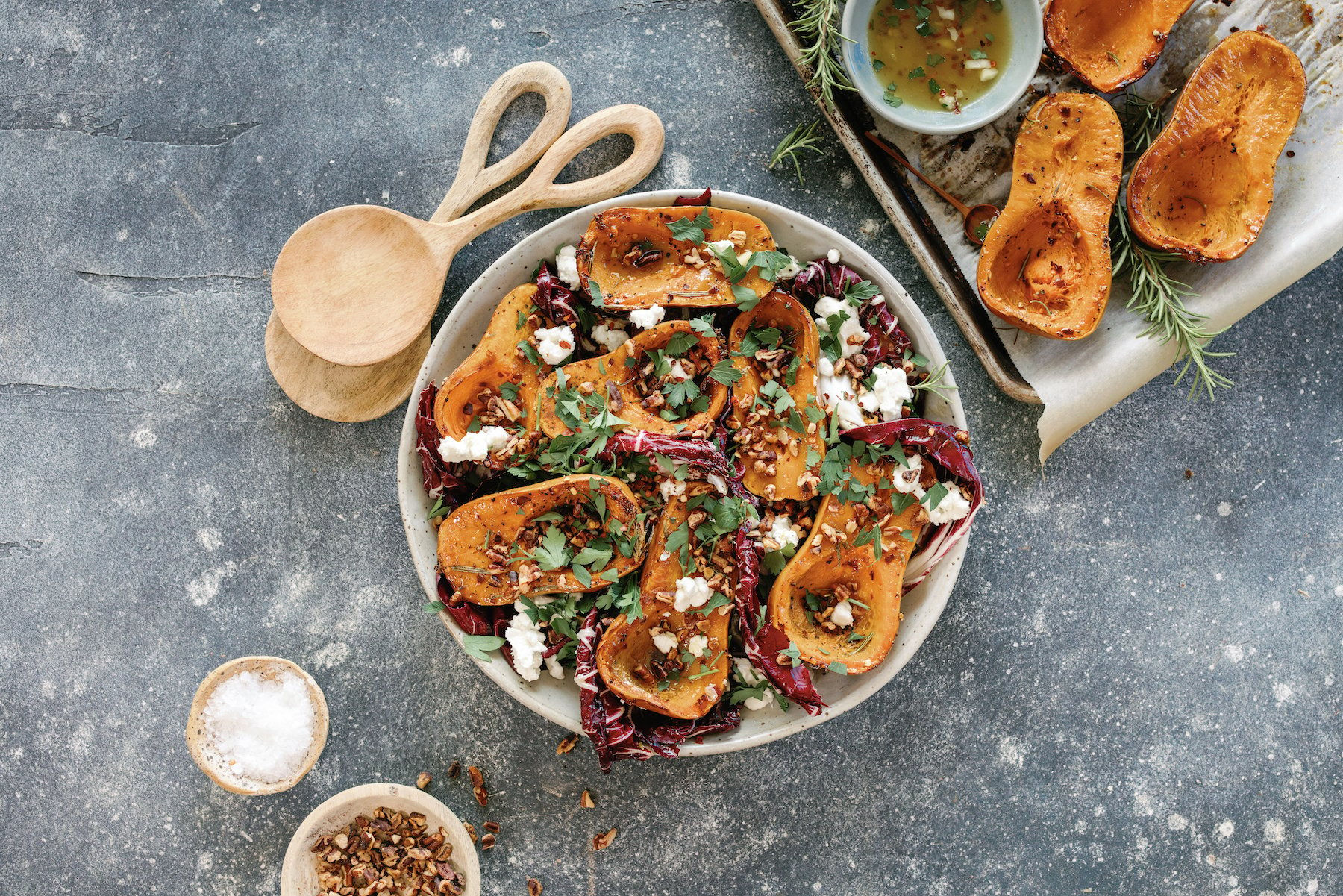 roasted honeynut squash with hot honey, pecans, and rosemary