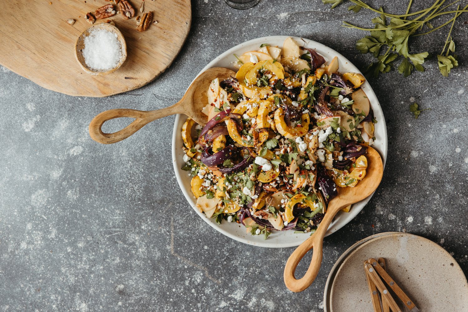 squash & farro salad with apples, goat cheese, & pecans