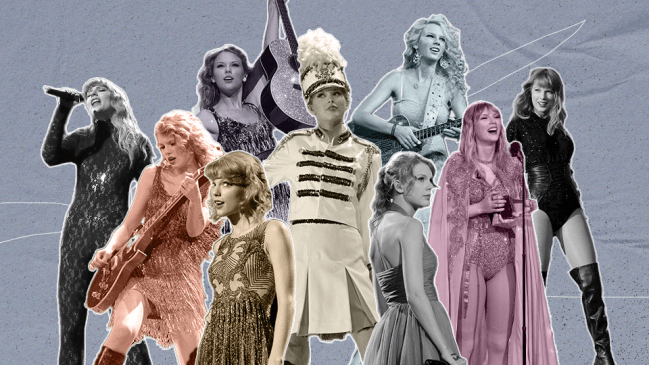 Nine photos of Taylor Swift in different eras for outfit inspiration on what to wear to a Taylor Swift concert.