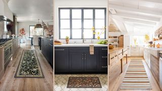 A compilation image of rugs in a kitchen to show how to make a kitchen cosy