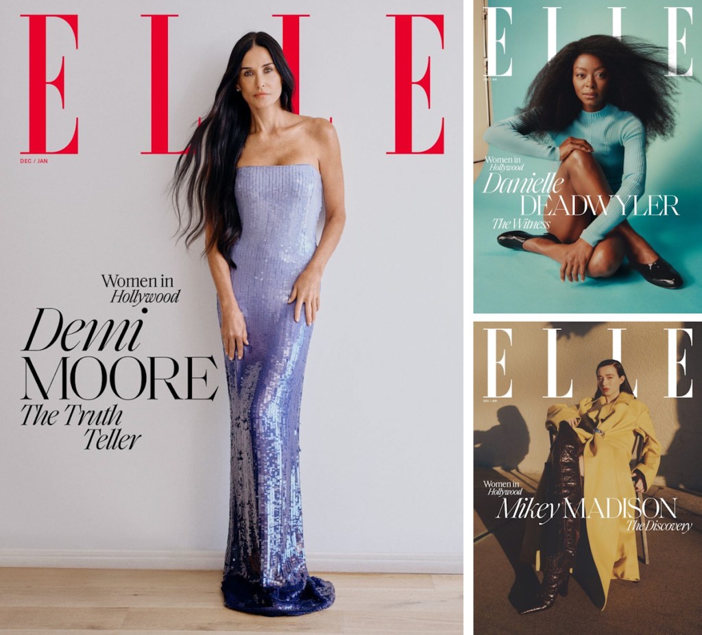 US Elle December 2024/January 2025 : The 'Women in Hollywood' Issue (starring Demi Moore, Danielle Deadwyler, Mikey Madison, Selena Gomez, Karla Sofía Gascón, Zoe Saldaña, Cynthia Erivo, Saoirse Ronan, Julianne Moore, and Tilda Swinton)