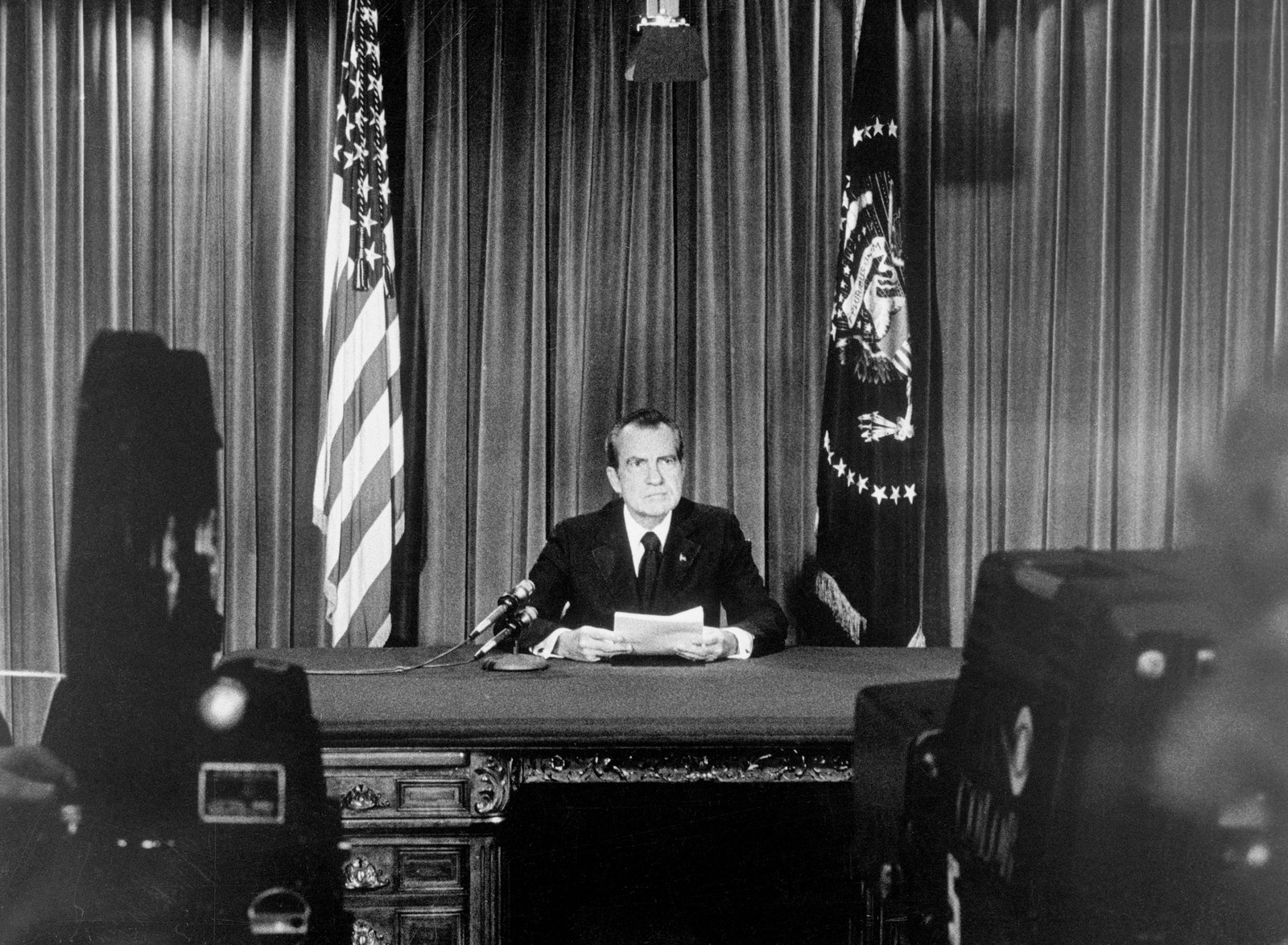 Image may contain Richard Nixon Adult Person Electrical Device Microphone Accessories Formal Wear Tie and Crowd