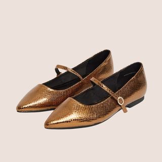 flat lay image of bronze ballet flats