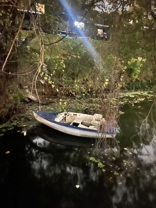 Abandoned boat under some trees along the Boardwalk.