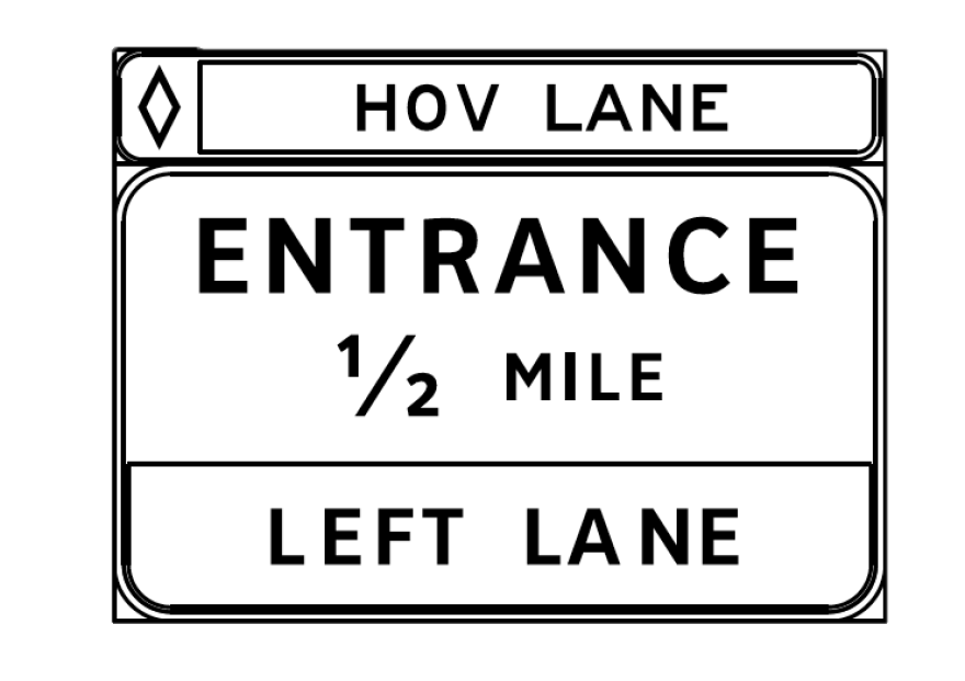 An illustration of an overhead sign on I-35 that says "HOV Lane, Entrance 1/2 Mile, Left Lane" 