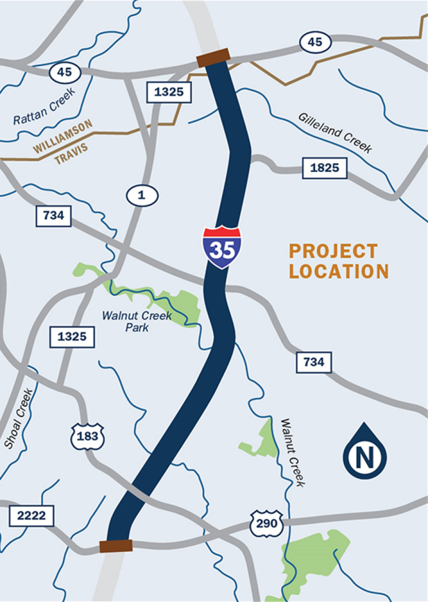 A map showing the location of the I-35 CapEx North project, which spans from SH 45 North to U.S. 290 East