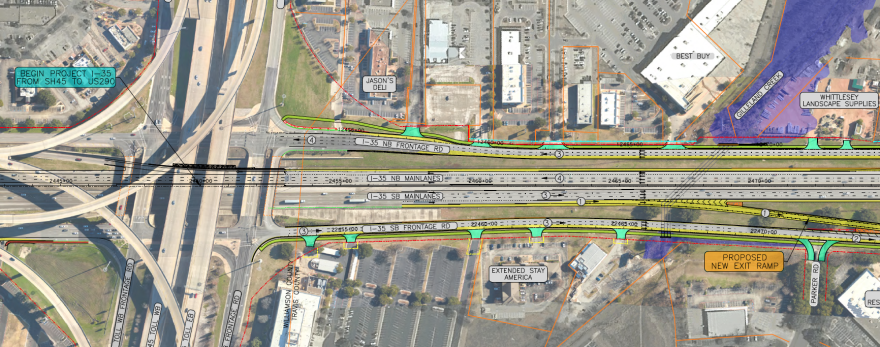 TxDOT's schematic — a map overlayed satellite imagery — showing the I-35 mainlanes and frontage roads with labeled features such as a proposed new exit ramp, Gilleland Creek, nearby businesses and surrounding infrastructure with color-coded design elements for construction and traffic flow adjustments.