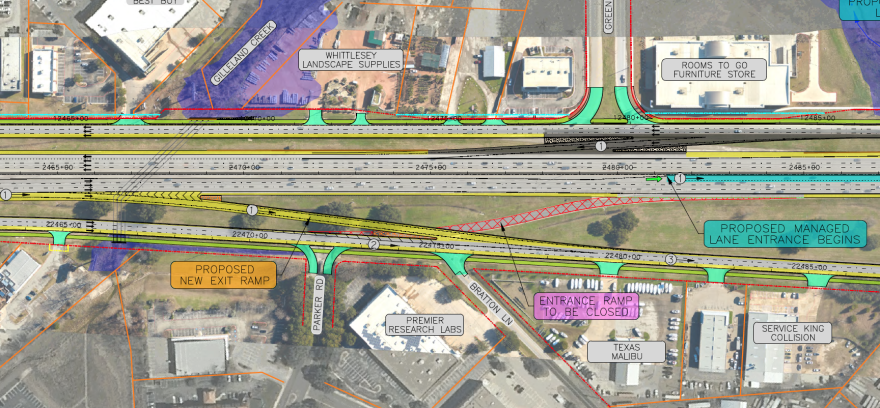 An aerial map overlay showing I-35 with labeled features including a proposed managed lane entrance, a proposed new exit ramp near Parker Road and an entrance ramp marked for closure near Bratton Lane.  