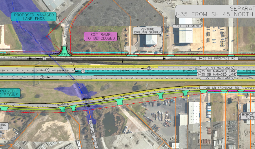 A schematic map showing I-35 with labeled features such as a proposed managed lane beginning and ending, an exit ramp marked for closure and nearby businesses. The map highlights Gilleland Creek and surrounding infrastructure changes.