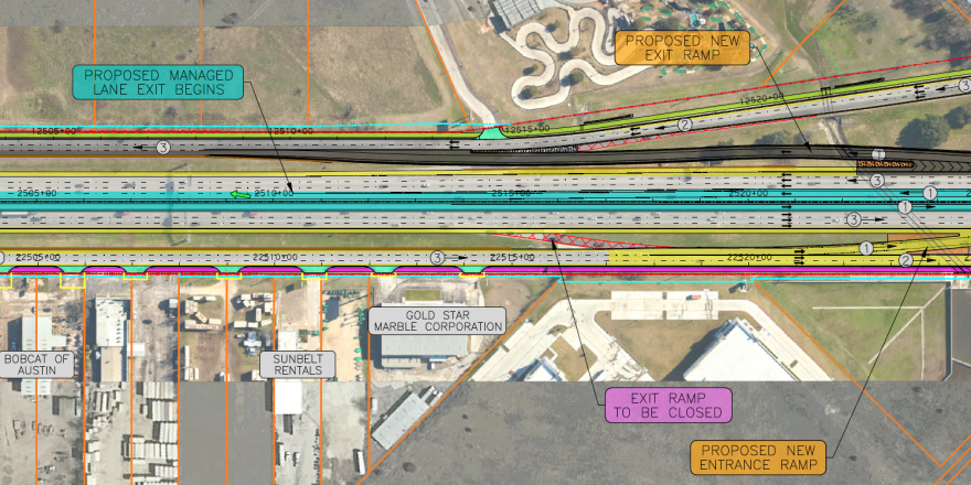 Left is to the north in this schematic. The map shows where the northbound managed lane would exit toward SH 45 North and the closure of a southbound exit ramp.