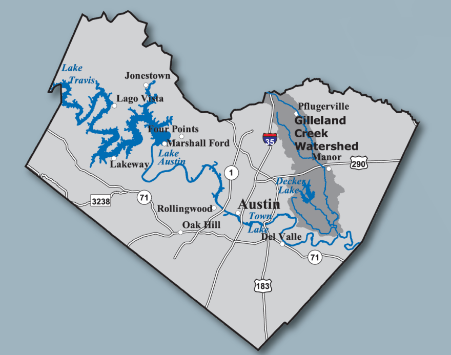 A map of Travis County showing major highways and bodies of water including the route of Gilleland Creek. 