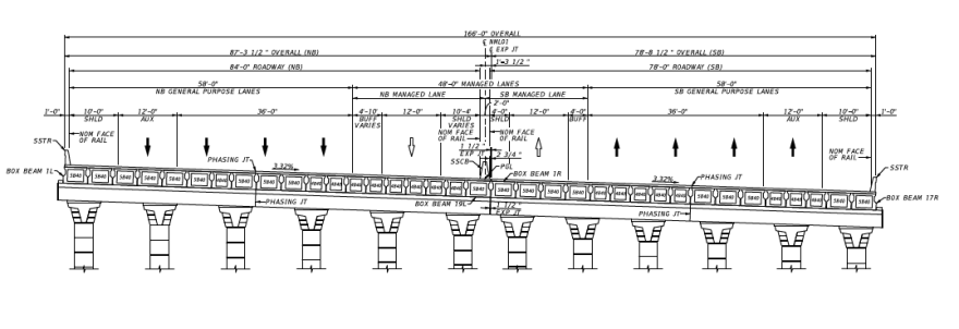 Technical drawing showing a cross-section of the I-35 bridge over Grand Avenue Parkway. 