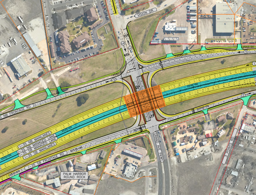 A schematic map showing Grand Avenue Parkway and I-35 intersection with changes including new lanes, turnarounds and managed lanes.  