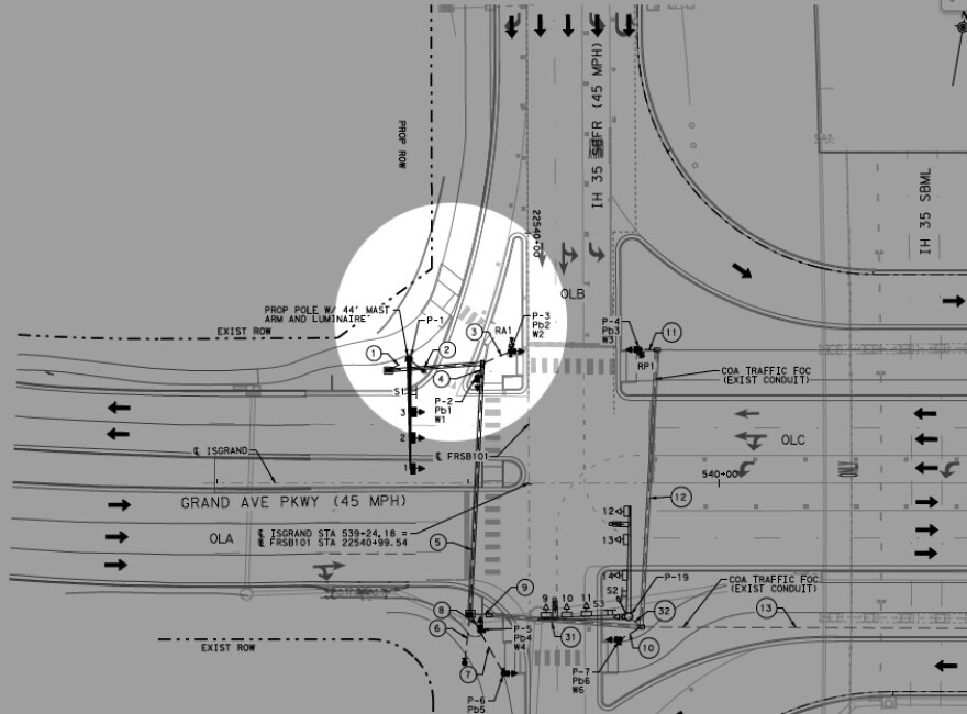 A technical engineering schematic of the Grand Avenue Parkway intersection at I-35, displaying detailed lane markings, traffic flow directions, proposed pole placements and signal configurations.