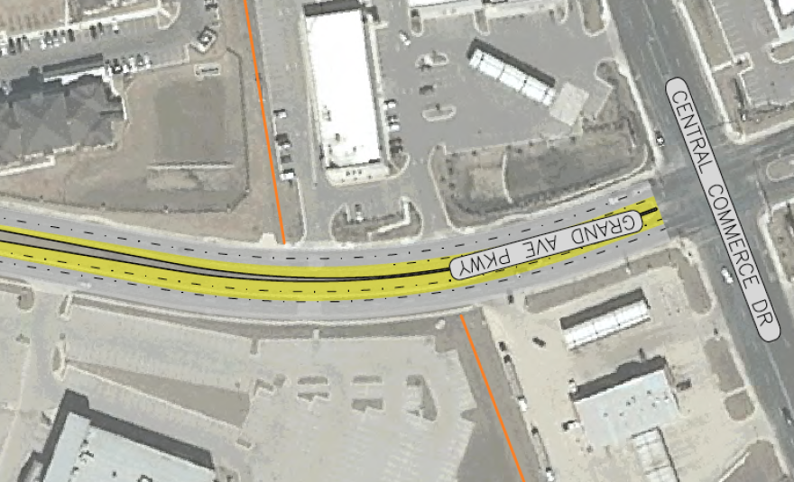 Schematic showing Grand Avenue being widened east of I-35 to three lanes in each direction from Vision Drive to Central Commerce Drive. 