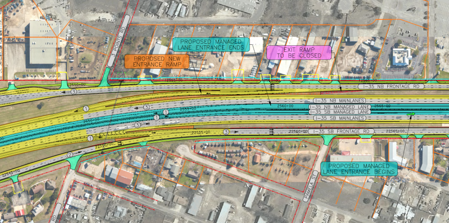 Changes south of Grand Avenue Parkway on I-35 include new managed lane entrances and exits. The closure of an entrance ramp in the map is mislabeled in the schematic as an exit ramp. 