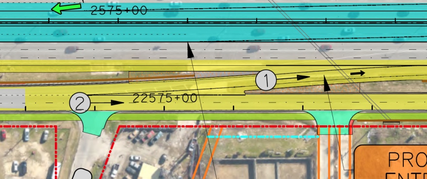 A preliminary schematic overlayed on top of satellite imagery shows the slight change in geometry planned for a southbound I-35 entrance ramp north of Wells Branch Parkway. The map is oriented so left is north. 