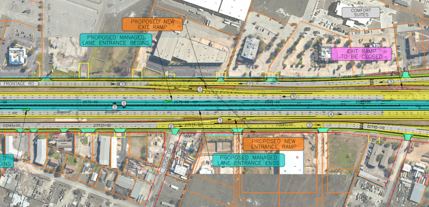 North is to the left in this section of the schematic north of Wells Branch Parkway showing new ramp configurations and entrances to managed lanes.  