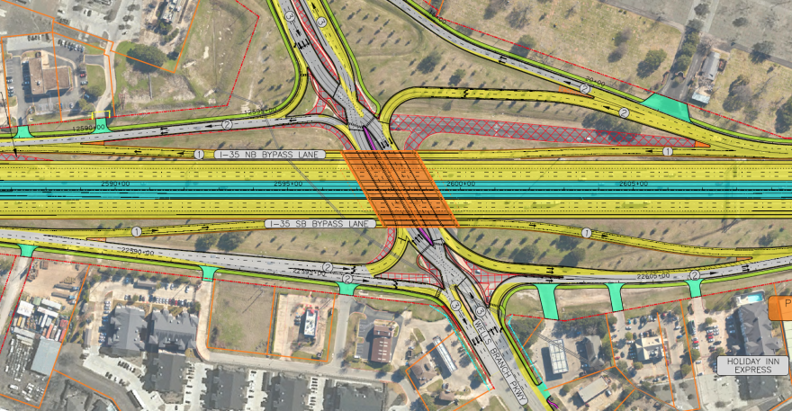 A schematic map of the Wells Branch Parkway intersection at I-35 showing proposed infrastructure updates including bypass lanes in both directions, managed lanes and intersection reconfigurations.