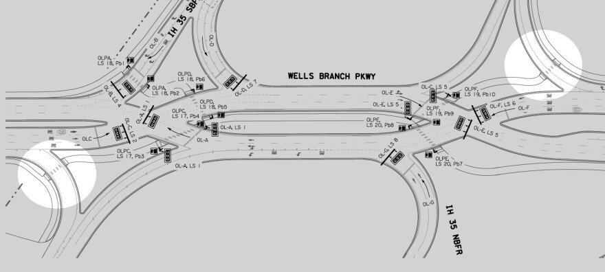 North is down in this technical drawing of plans for the Wells Branch Parkway and I-35 intersection. KUT News highlighted the slip lane intersections where pedestrians will have to cross with no traffic signal, but cars will be able to turn right more quickly.