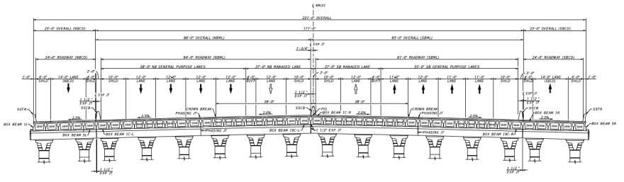 A cross-section diagram of I-35 at Wells Branch Parkway, showing the bridge structure with detailed dimensions of each lane and shoulder. 