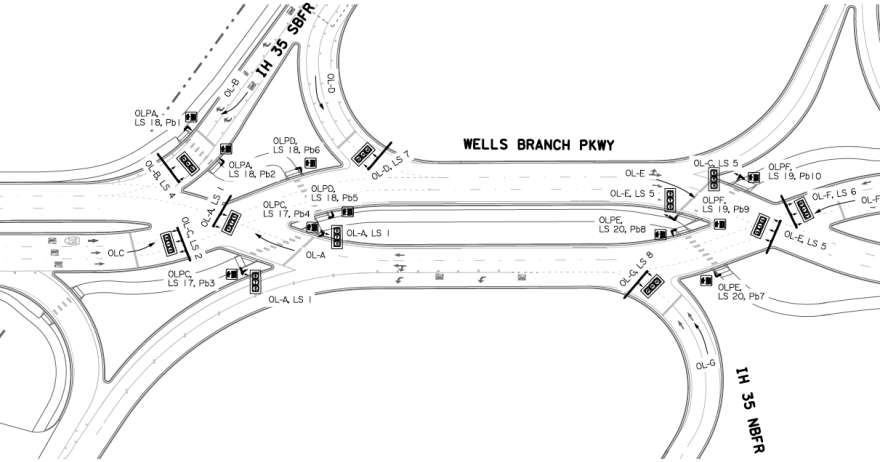 A technical illustration showing the location of traffic signals at the new Wells Branch Parkway under I-35. 